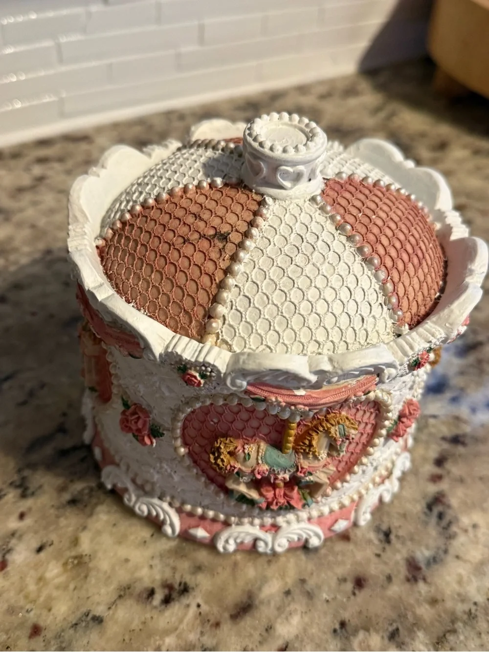 Vintage Ornate Pink & White Carousel jewelery Box - Decorative Home Art